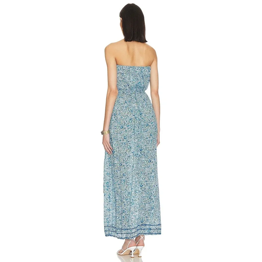 Poupette St Barth Mara Strapless Maxi Dress Blue Floral Print Small resort wear